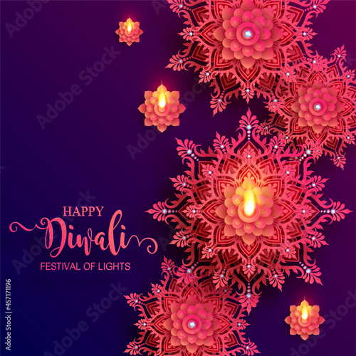 Diwali, Deepavali or Dipavali the festival of lights india with gold diya patterned and crystals on paper color Background.
