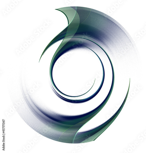 The striped dark blue-green elements are curved, layered, and create a circular frame against a white background. Graphic design element. Logo, sign, icon, symbol. 3d rendering. 3d illustration.