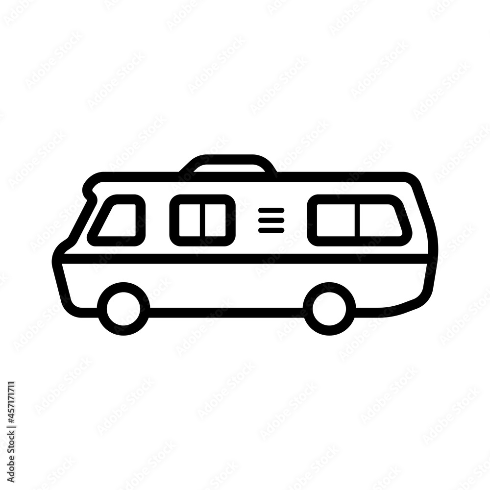 Motorhome icon. Camper, caravan. Black contour linear silhouette. Side view. Vector simple flat graphic illustration. The isolated object on a white background. Isolate.