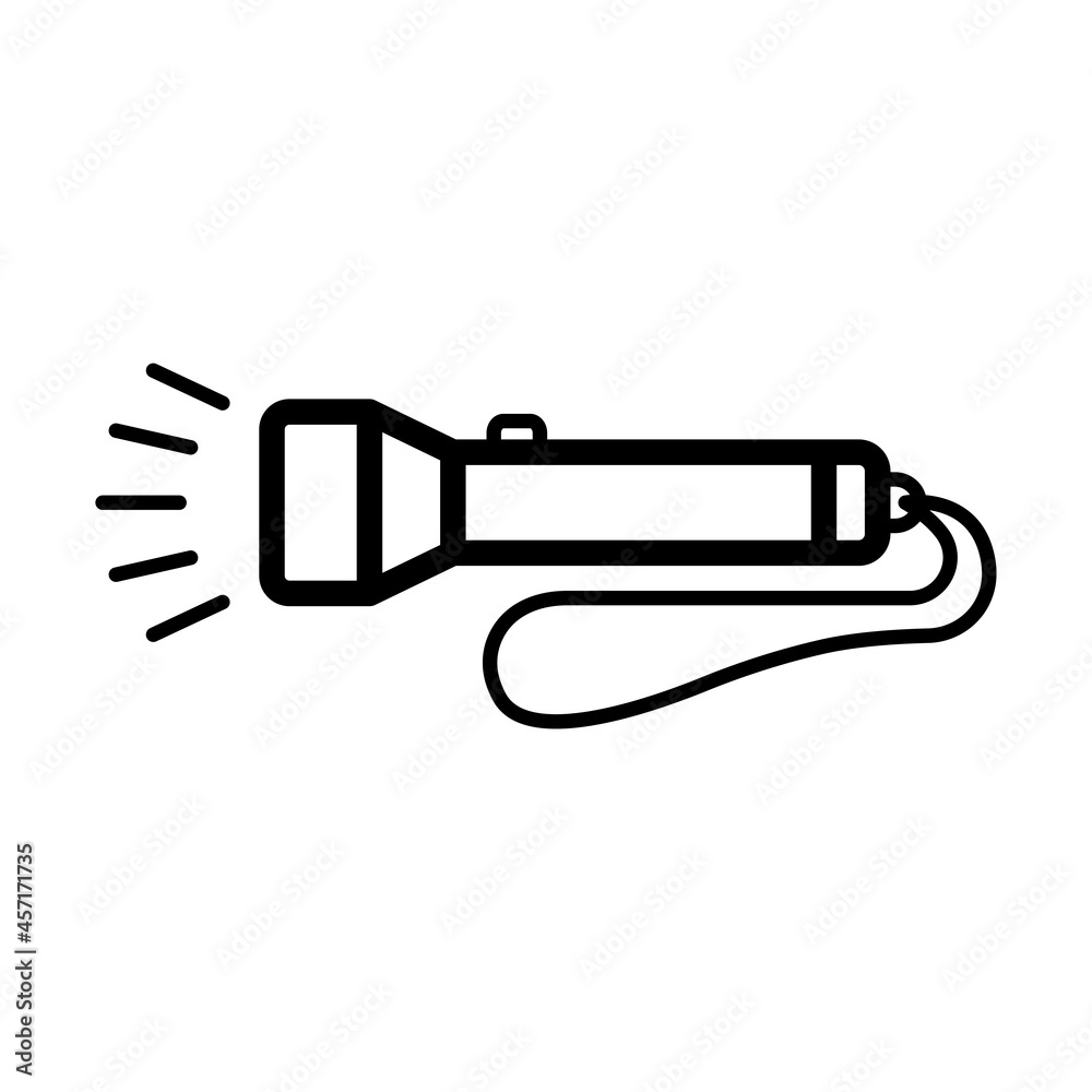 Flashlight icon. Black contour linear silhouette. Side view. Vector simple flat graphic illustration. The isolated object on a white background. Isolate. Flashlight icon. Black contour linear silhouette. Side view. Vector simple flat graphic illustration. The isolated object on a white background. Isolate.