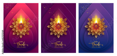 Diwali, Deepavali or Dipavali the festival of lights india with gold diya patterned and crystals on paper color Background.
