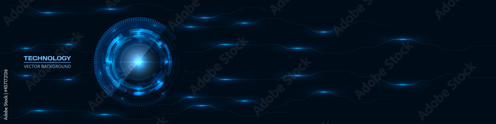 Abstract technology HUD GUI UI with glowing blue circuit lines pattern. Dark Innovation digital hi tech concept background with circuit board. Engineering electronic motherboard. Dark blue wide banner Abstract technology HUD GUI UI with glowing blue circuit lines pattern. Dark Innovation digital hi tech concept background with circuit board. Engineering electronic motherboard. Dark blue wide banner