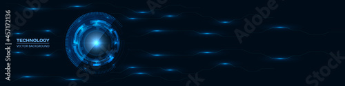 Abstract technology HUD GUI UI with glowing blue circuit lines pattern. Dark Innovation digital hi tech concept background with circuit board. Engineering electronic motherboard. Dark blue wide banner