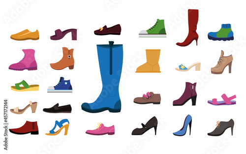 Footwear for women flat vector illustrations set. Collection of stylish female shoes for different seasons, sandals, boots, sneakers, high heels isolated on white background. Fashion, clothing concept