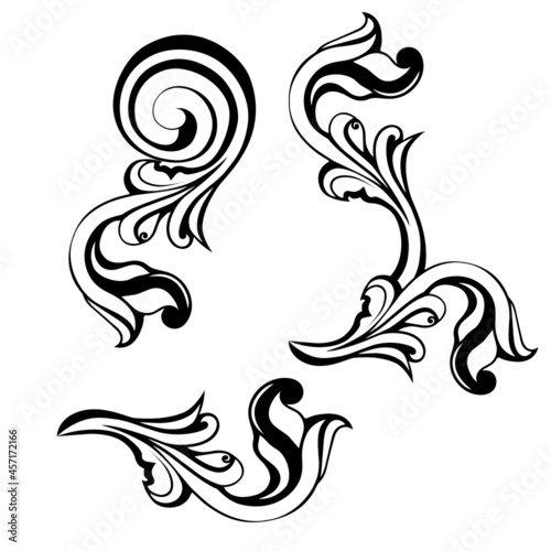 Vector damask vintage baroque scroll ornament swirl. Victorian monogram heraldic shield swirl.Retro floral leaf pattern border foliage antique acanthus calligraphy engraved tattoo. Tile decor element