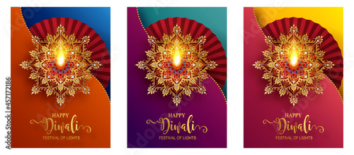 Diwali, Deepavali or Dipavali the festival of lights india with gold diya patterned and crystals on paper color Background.
