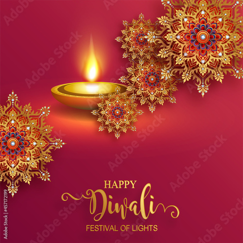 Diwali, Deepavali or Dipavali the festival of lights india with gold diya patterned and crystals on paper color Background.
