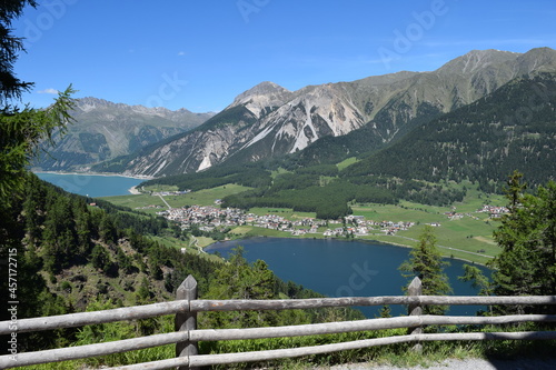View from the St. Martin Church to the Rechen- and Haidersee; Italy; Dolomites