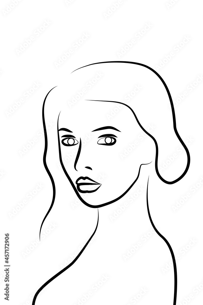 A simple silhouette of a woman with full lips. Black line on white. Portrait line art minimalistic style.