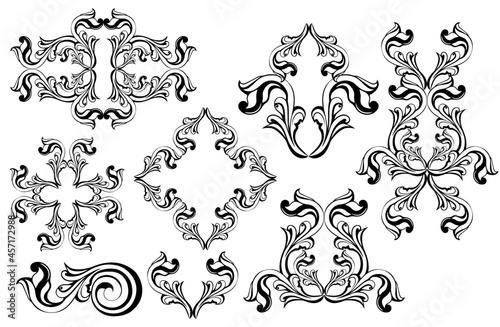Vector damask vintage baroque scroll ornament swirl. Victorian monogram heraldic shield swirl.Retro floral leaf pattern border foliage antique acanthus calligraphy engraved tattoo. Tile decor element photo