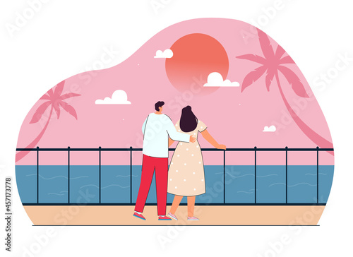 Cute cartoon couple watching sunset by sea together. Tourist hugging girlfriend on romantic vacation or holiday flat vector illustration. Romance, relationship, tourism, traveling concept for banner