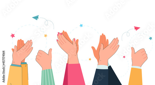 Arms and hands of people clapping and showing thumbs up. Applause, men and women celebrating win flat vector illustration. Appreciation, respect, celebration concept for banner or landing page