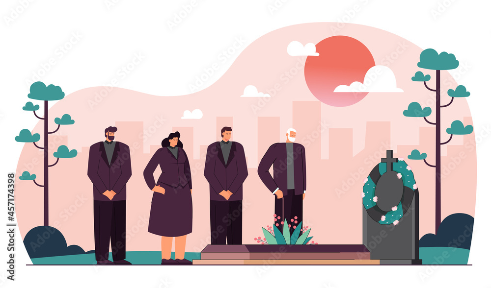 Cartoon people in mourning clothes attending funeral. Male and female