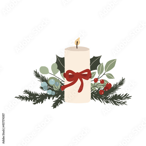 Christmas candle with spruce branches and berries. Winter holiday new year season card. Vector illustration in hand drawn cartoon flat style