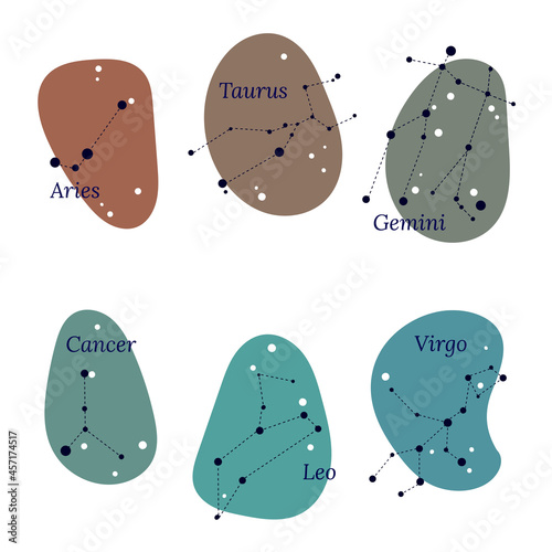 Set of six zodiac signs Aries, Taurus, Leo, Gemini, Cancer, Virgo on color spots. Vector pattern for astrological, esoteric, magical sessions, personality research.