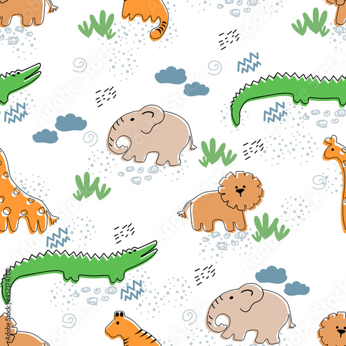 Children's cute pattern on white background with African animals: giraffe, lion, tiger, crocodile, elephant. For fabrics, backgrounds