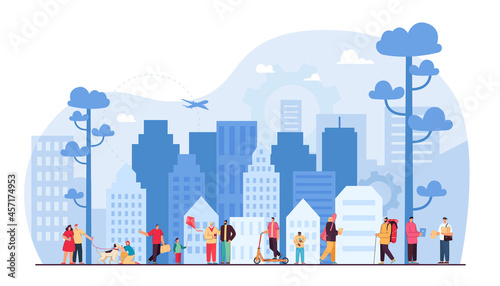 Cartoon people living in smart city of future. Men and women walking in street, office buildings in background flat vector illustration. IOT, environment, social network, modern technology concept