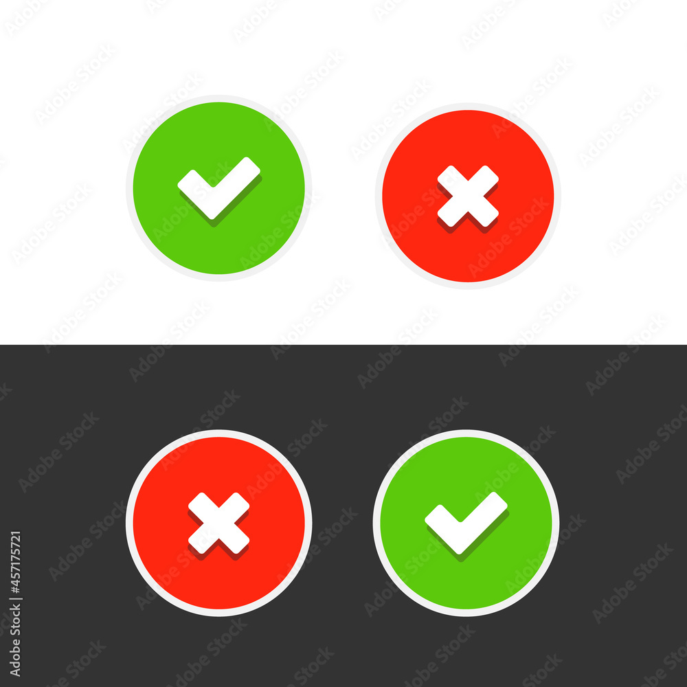 Green tick symbol and red cross sign in circle. Symbols for questioning quizzes, tests and personal design. Green tick symbol and red cross sign in circle. Symbols for questioning quizzes, tests and personal design.