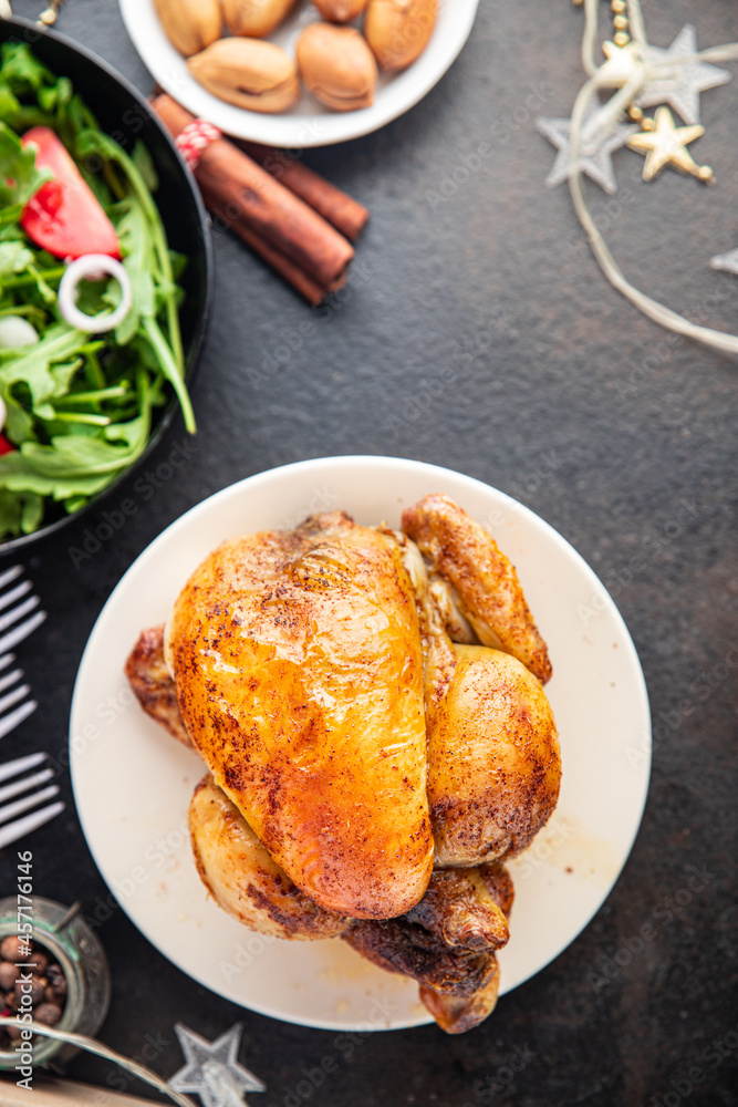 christmas chicken or turkey new year table treat family dinner chicken coquelet fresh portion ready to eat meal snack on the table copy space food background rustic. top view christmas chicken or turkey new year table treat family dinner chicken coquelet fresh portion ready to eat meal snack on the table copy space food background rustic. top view