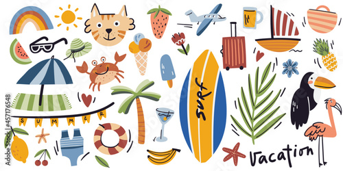 Summer season flat illustrations set. Isolated on white. Surf  toucan  flamingo  crab  airplane  beach  palm  fruit  cat. Tropic and exotic doodle cute collection.