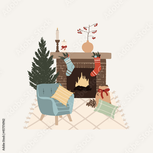 Christmas cozy armchair with fireplace and Christmas tree. Winter holiday new year season card. Vector illustration in hand drawn cartoon flat style