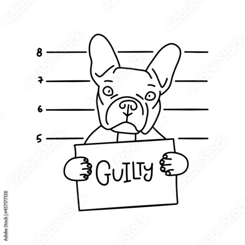 Guilty concept. Bulldog Bad boy. Dog with sign in the paws in prison. Police mugshot background. Bulldog criminal. Arrested dog. Linear Vector illustration. photo