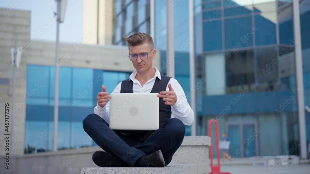 Business, Businessman Satisfied When Finished Project Work And Meditating Lotus Position Downtown Office Building Background. Mental Health Concept. Balance In Life. Freelance Caucasian Male Guy Zen Business, Businessman Satisfied When Finished Project Work And Meditating Lotus Position Downtown Office Building Background. Mental Health Concept. Balance In Life. Freelance Caucasian Male Guy Zen