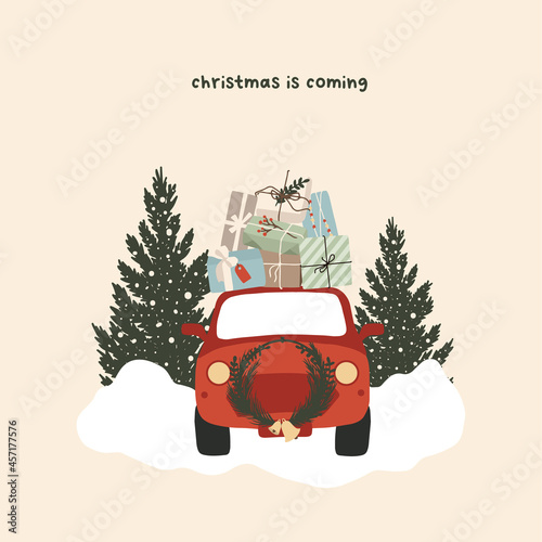 Christmas red car with gifts boxes and fir trees. Winter holiday new year season card. Vector illustration in hand drawn cartoon flat style