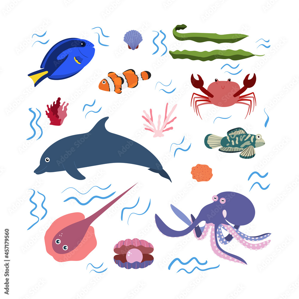 Design template with sea animal in square for kid print. Rectangle composition of marine animals, dolphin, octopus and crab, seaweed and fish. Vector set of underwater life in cartoon style. Design template with sea animal in square for kid print. Rectangle composition of marine animals, dolphin, octopus and crab, seaweed and fish. Vector set of underwater life in cartoon style.