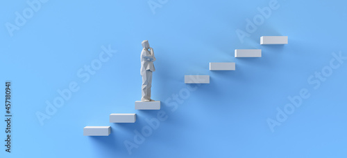 Concept of overcoming difficulties. Man climbing missing steps. Copy space. 3D Illustration.