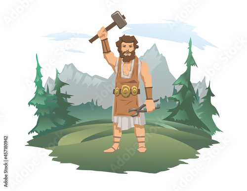 A mighty blacksmith with a hammer and tongs. Forest and mountain landscape in the background. The Ancient God of blacksmiths, metalworking and carpenters, Hephaestus or Vulcan.