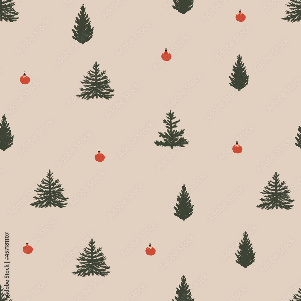 Christmas new year winter holiday seamless pattern with xmas tree and balls. Vector illustration in hand drawn cartoon flat style Christmas new year winter holiday seamless pattern with xmas tree and balls. Vector illustration in hand drawn cartoon flat style