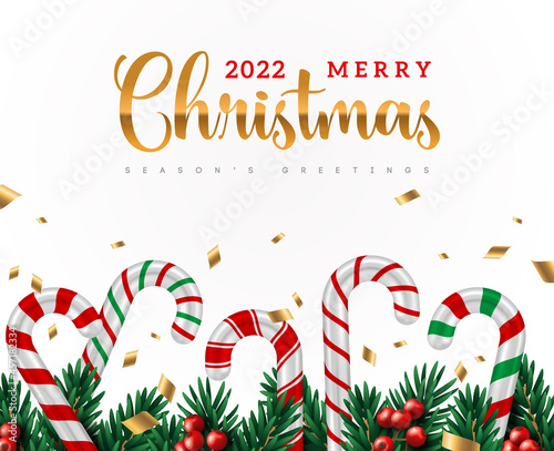 Merry Christmas and New Year poster or banner with candy cane stick set, fir tree branches border and gold confetti. Vector illustration. Brochure voucher cover and Xmas gift card concept template