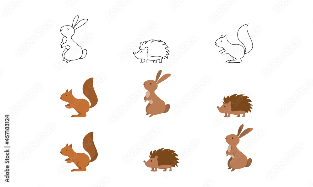 Autumn vector set forest animals, hare, hedgehog, squirrel, linear, flat style, detailed vector. Brown illustrations.