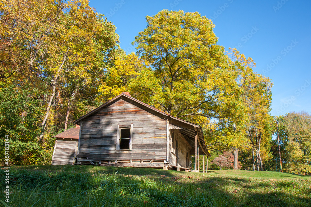 Abandoned old rural wooden building surrounded by trees Abandoned old rural wooden building surrounded by trees