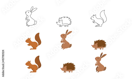 Autumn vector set forest animals  hare  hedgehog  squirrel  linear  flat style  detailed vector. Brown illustrations.