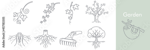Garden set with trees, root tree, ivy, olive tree, Green Ivy, Hanging Creeper, Wall Climbing Ivy, Wall Plant, garden tools, sloth Collection with isolated elements of Orchard and landscape design