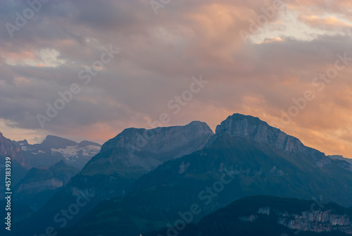 Majestic panoramic view of mountains in canton Schwyz with beautiful cloudscape