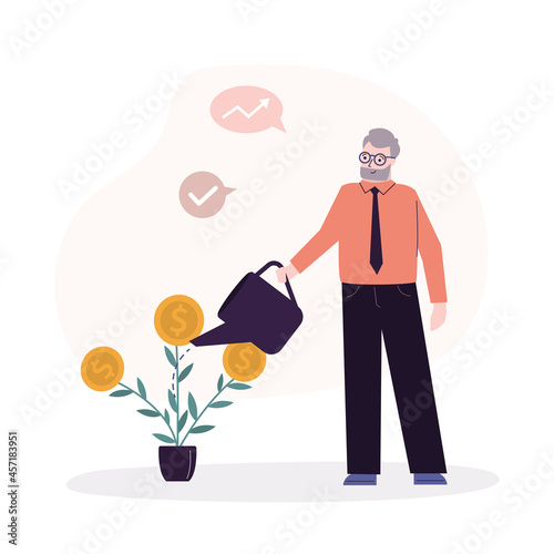 Grandfather watering money tree. Old guy investing and saving cash. Elderly man invest or hoard currency. Concept of investment, finance management