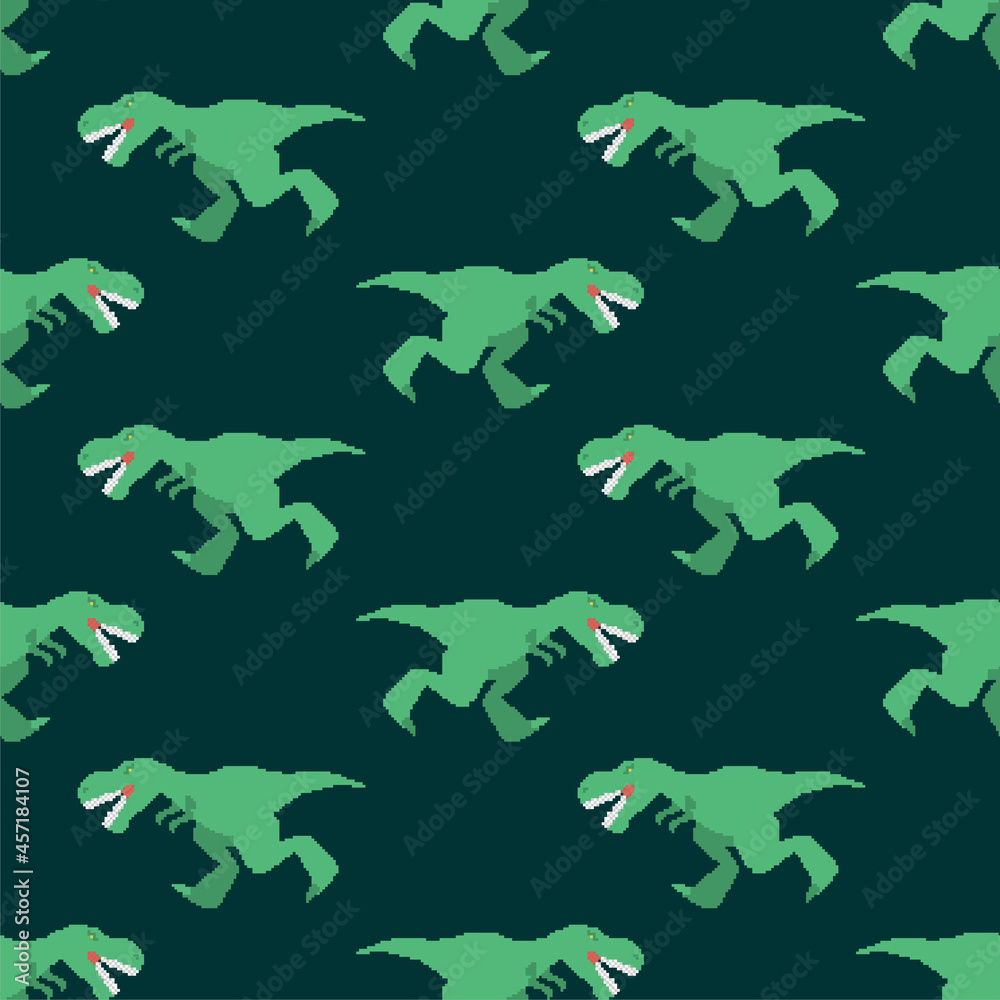 Dinosaur tyrannosaurus rex pixel art pattern seamless. Pixelated T-rex