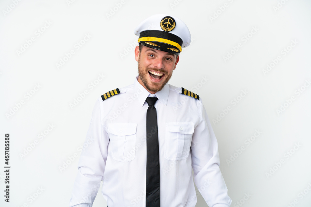 Airplane Brazilian pilot isolated on white background with surprise facial expression Airplane Brazilian pilot isolated on white background with surprise facial expression