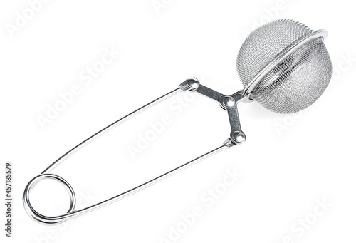 Tea strainer isolated on a white isolated background. Metal tea infuser. Metal tea brew mesh. photo