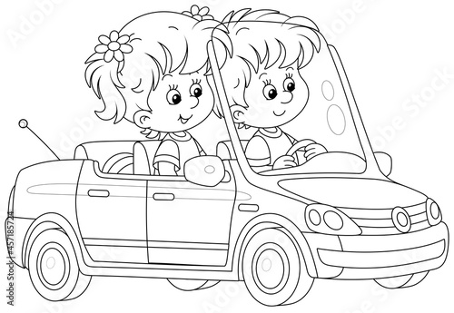 Little girl and boy driving a beautiful toy car, black and white outline vector cartoon illustration for a coloring book page