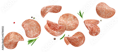 Sliced salami sausage isolated on white background photo