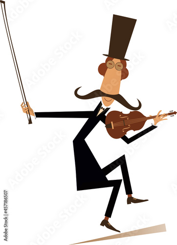 Cartoon long mustache violinist illustration. 
Smiling mustache man in the top hat with violin and fiddlestick isolated on white illustration
