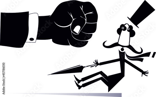 Punch fist and confused falling man. 
Concept illustration. Big fist beats a falling man in the top hat with umbrella black on white
