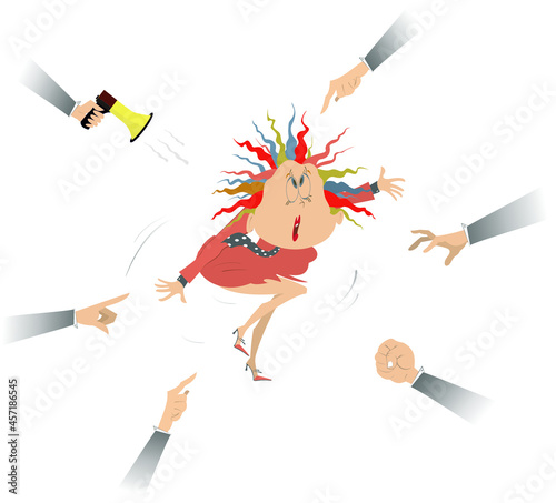 Confused and upset woman surrounded by hands illustration.
Woman surrounded by orders and instructions of her superiors concept
