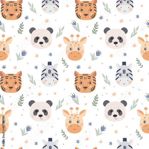 Seamless pattern with cute animal faces. The muzzle of a tiger, zebra, giraffe, panda on a white background. Vector for textiles and poster design, kids' clothing
