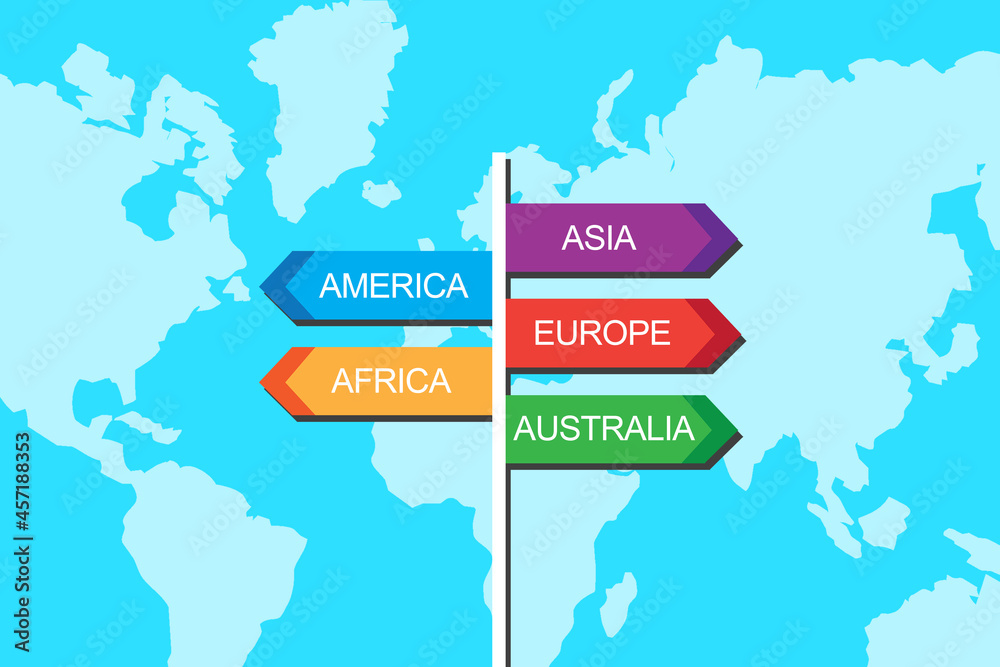 Fototapeta premium Moving around the world for business. Global business concept. Index of continents on a world map background. International company creation and management. Business tourism and travel.