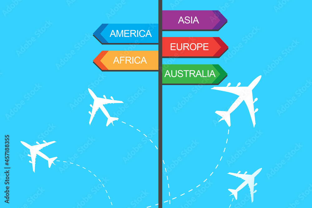 Travel airport concept. Airplanes as a symbol of airport for tourists. Concept - plane tickets for tourists. Air travel between countries. Index with names of continents on a blue background.